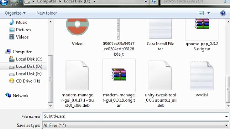 Setelah itu beri judul subtitle tersebut sesuai judul film lalu tambahkan format ASS dibagian Save As Type terus pilih All File.