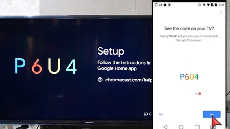 memasukan kode yang muncul pada layar TV melalui aplikasi Google Chromecast untuk proses sinkronisas