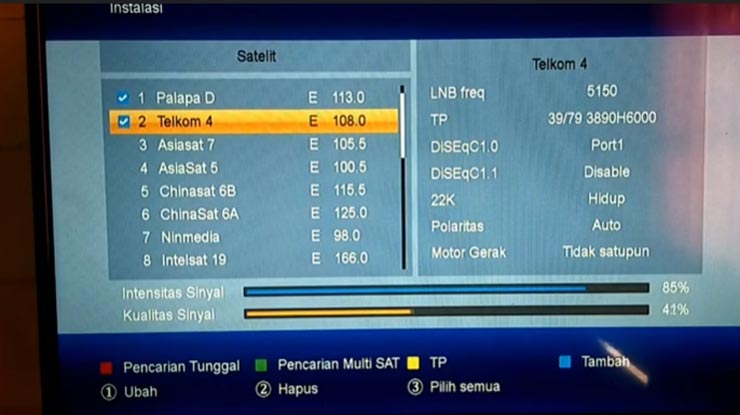 muncul daftar satelit yang terdeteksi receiver