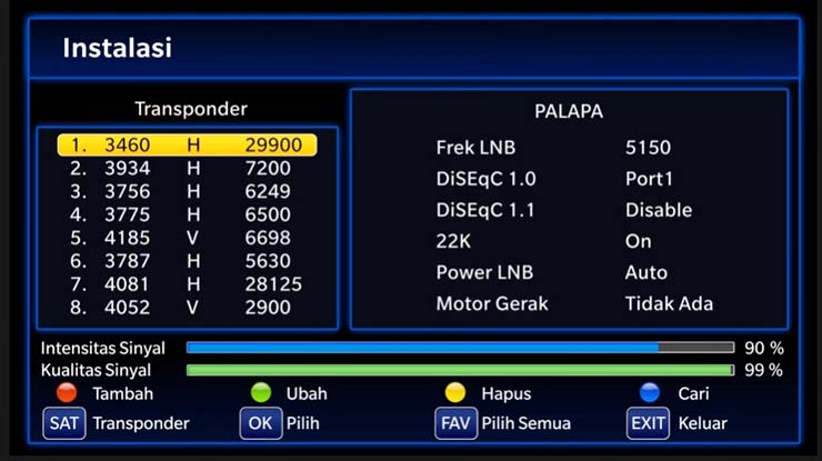 pilih salah satu satelit yang ingin diubah frekuensinya.