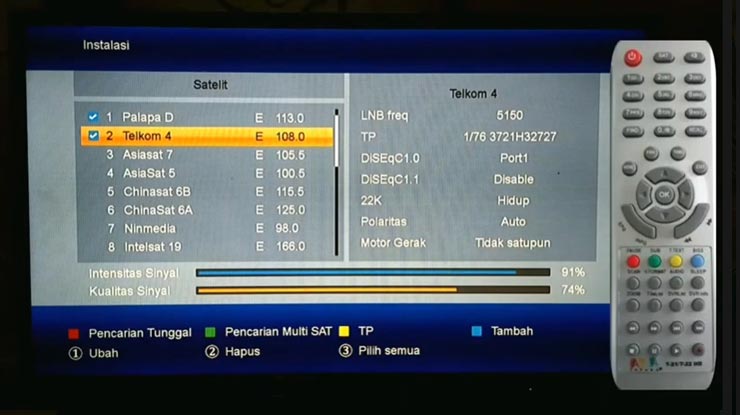 tekan Ok sekali lagi untuk memunculkan layar yang digunakan untuk merubah satelit lalu simpan dengan cara klik tombol Menu.