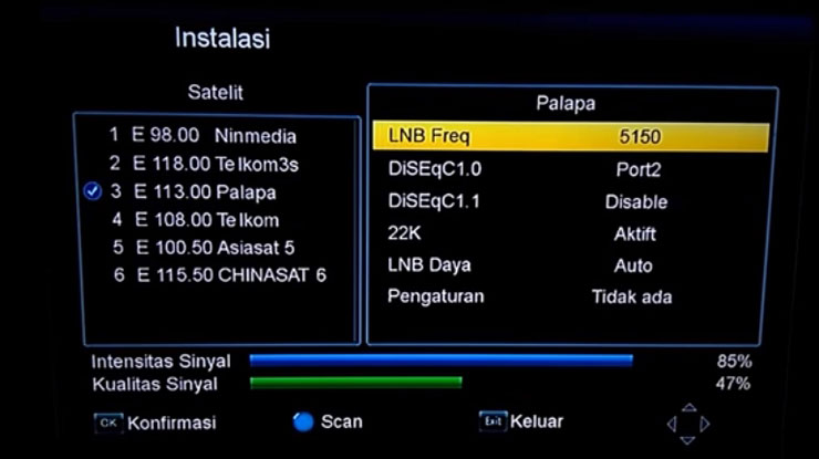 masukan data frekuensi polaritas serta simbol rate